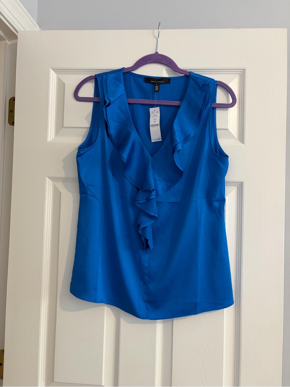 White House Black Market Cerulean Blue Ruffle V-Neck Sleeveless Blouse